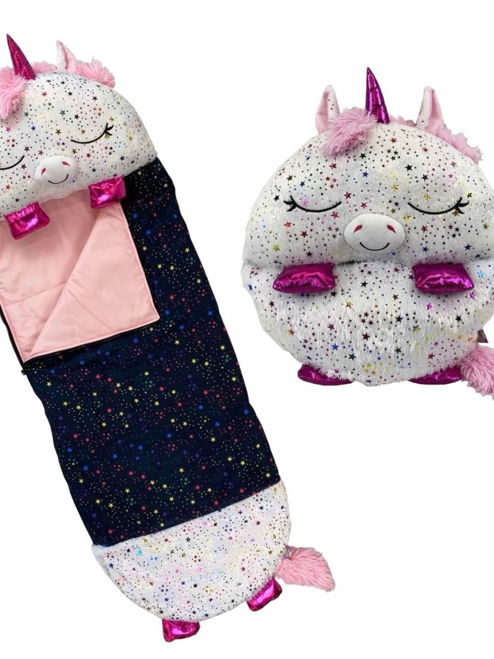 Kids Shimmer Unicorn Plush Sleeping/Nap Bag - White & Pink Star Print